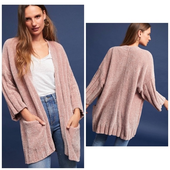 Anthropologie Moth Chenille Lily Cardigan Blush Pink Plush Chunky Knit Soft M - Picture 1 of 9